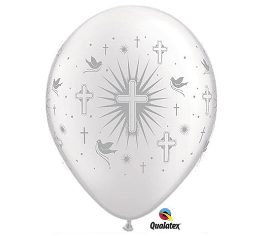 11" Cross Doves Silver on White Balloon - Unique Catholic Gifts