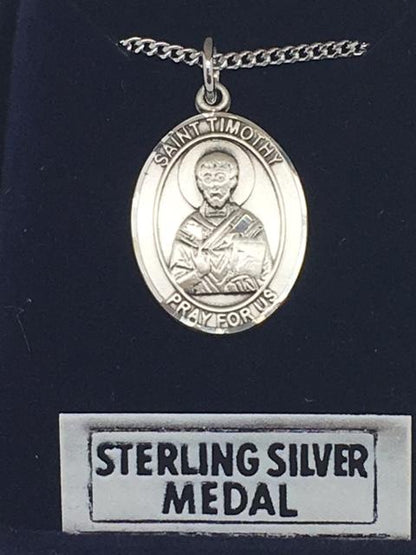 Sterling Silver St. Timothy Medal (Patron Saint of Stomach Disorders) with 18" chain - Unique Catholic Gifts