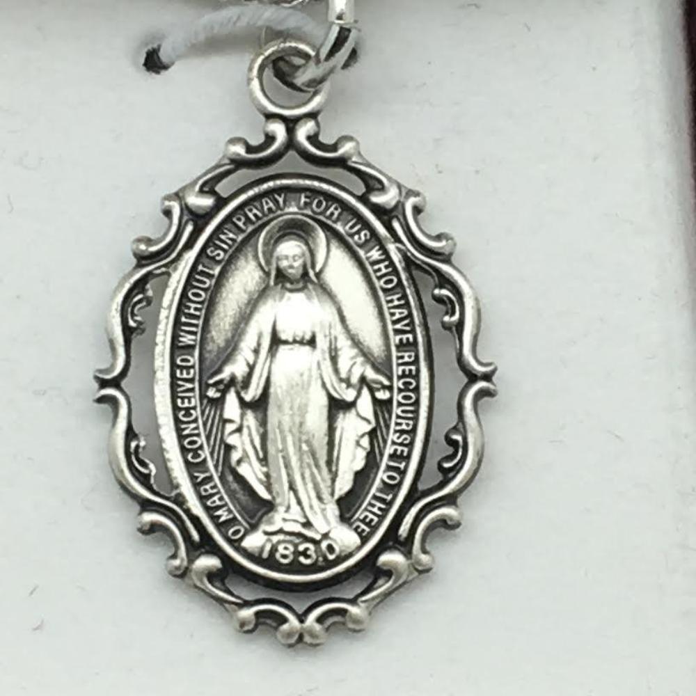 Silver Miraculous Medal 1" with an antique look and chain 18" - Unique Catholic Gifts