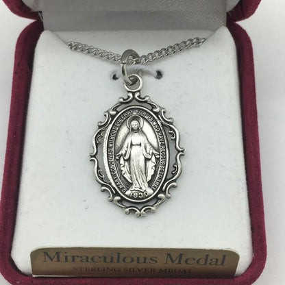 Silver Miraculous Medal 1" with an antique look and chain 18" - Unique Catholic Gifts