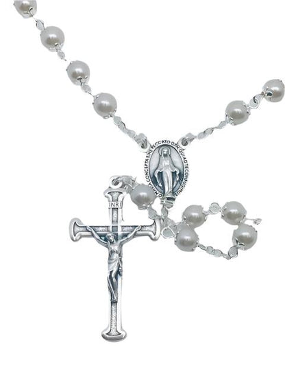 White Pearl Bead Miraculous Medal Rosary (21") - Unique Catholic Gifts