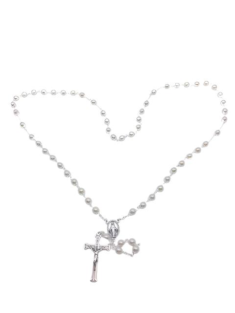 White Pearl Bead Miraculous Medal Rosary (21") - Unique Catholic Gifts